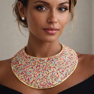 Pave Rhinestone Wide Metal Armor Collar Necklace